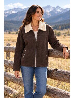 New Real Leather Suede Jacket With Faux Shearling Collar Mens/Womens XL Dark Bro